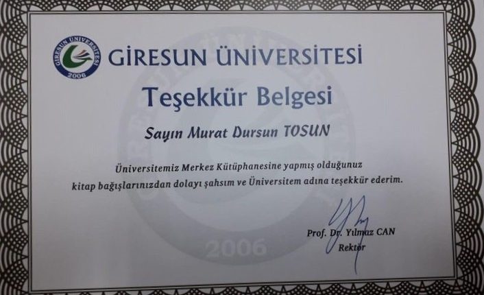 Giresun Üniversitesi Teşekkür Belgesi